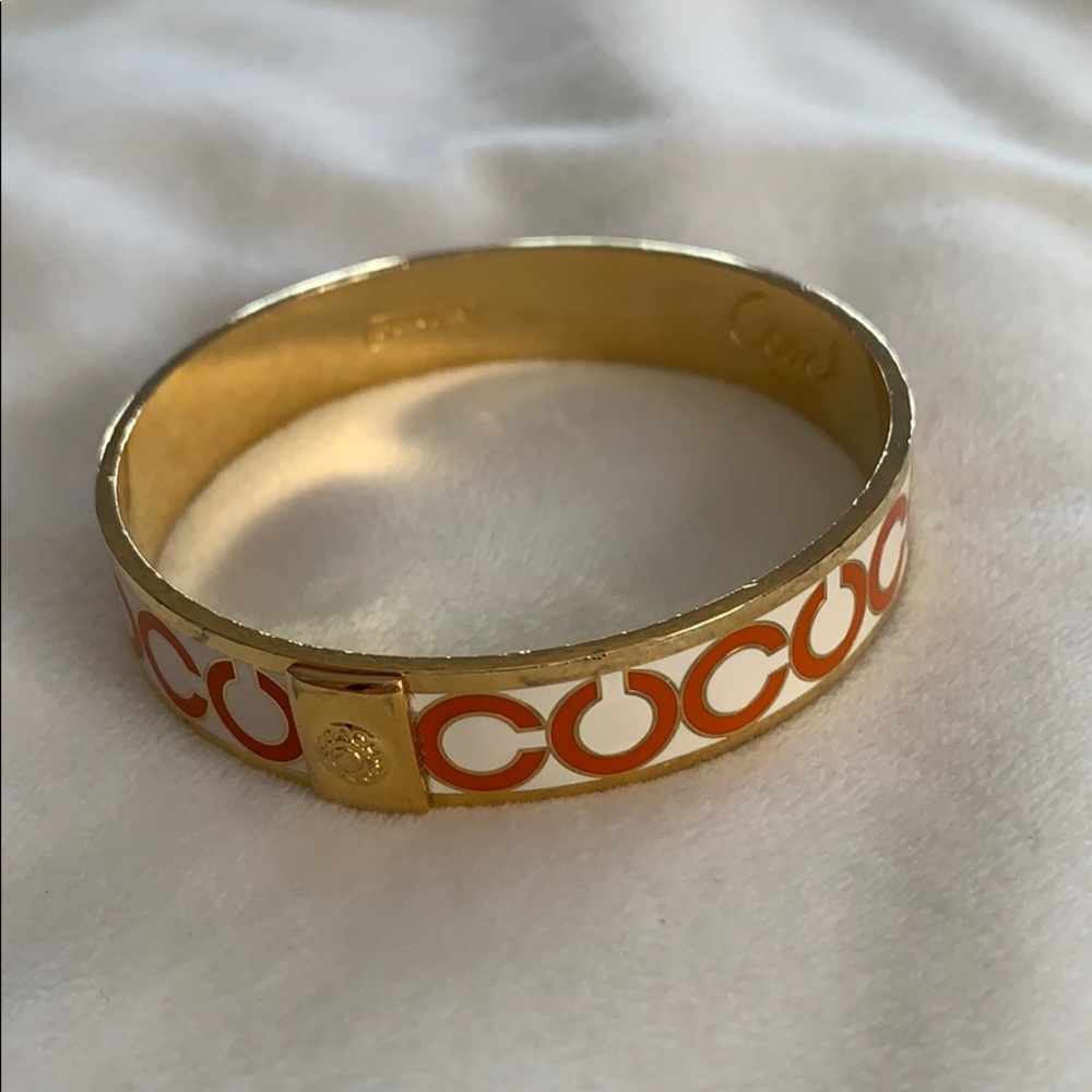 Coach Gold C Bangle with White and Orange Enamel